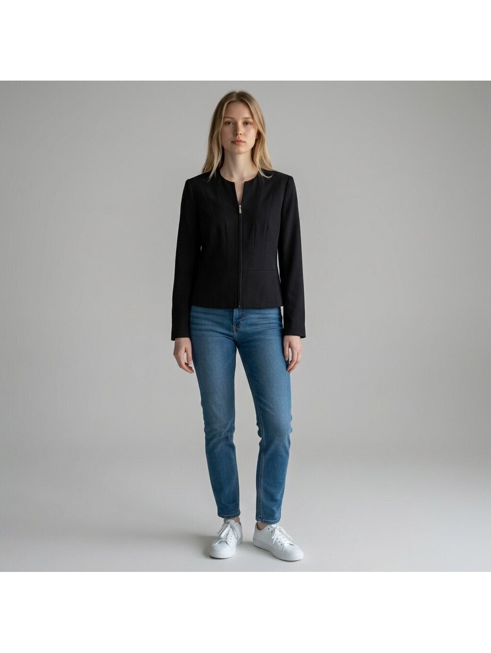 Jones New York Jacket Women 12 Black Full Zip Long Sleeve  V-Neck Classic Fit